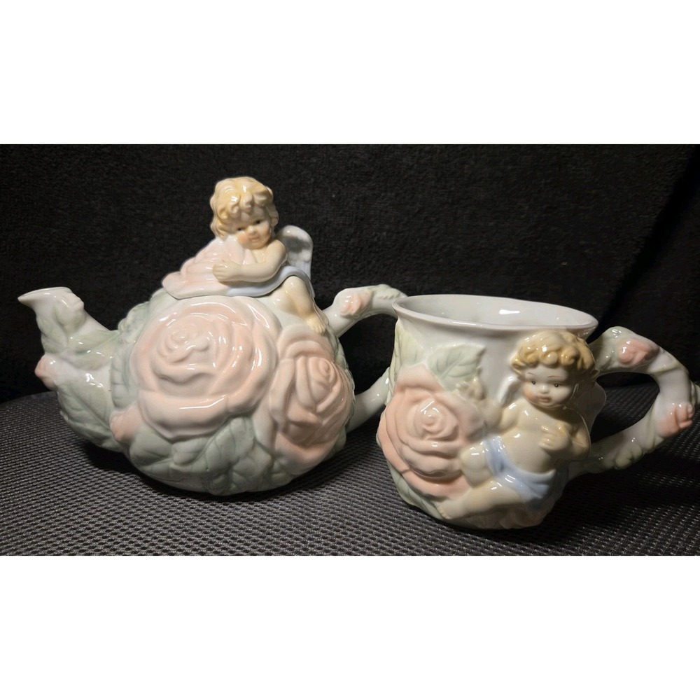vintage Avon Cherubs and Roses porcelain teapot and teacup set